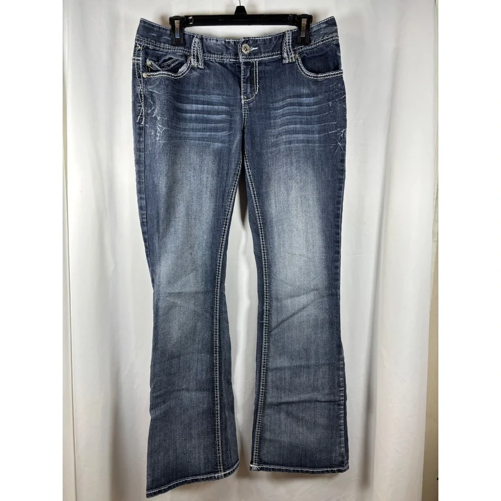 Maurices Mid‎ Bootcut Jeans Dark Wash Embroidered Flap 9/10 Longes